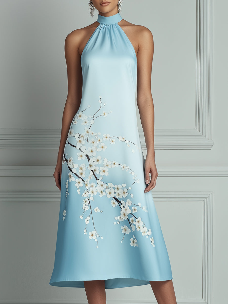 Light Blue Cherry Blossom Print Halter Neck Midi Dress