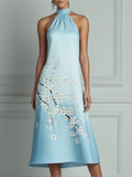 Light Blue Cherry Blossom Print Halter Neck Midi Dress
