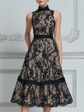 High Neck Lace Panel Tiered A-Line Midi Dress