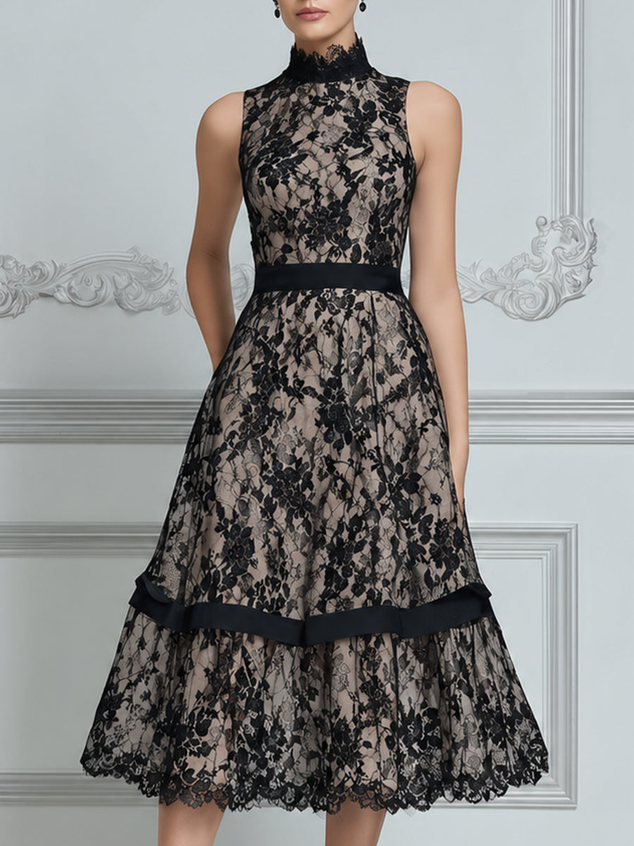 High Neck Lace Panel Tiered A-Line Midi Dress