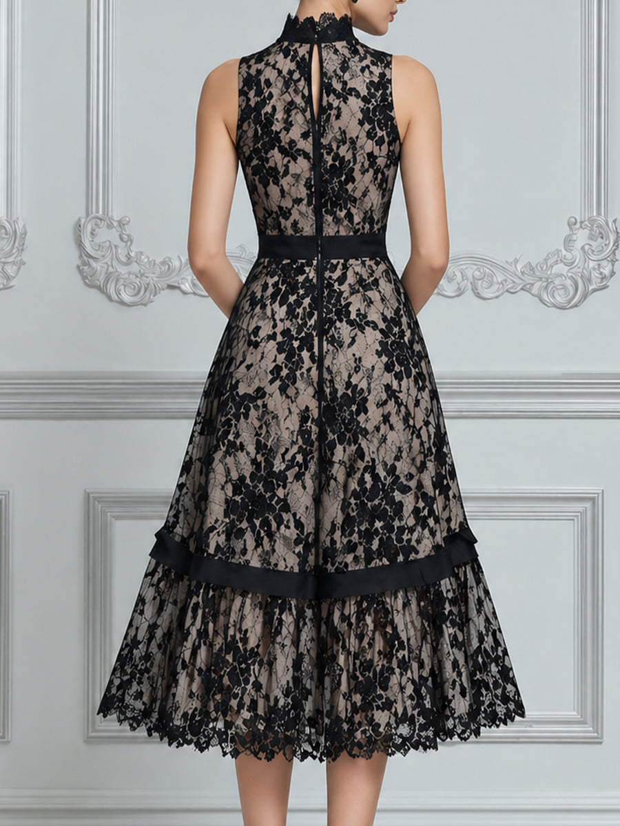 High Neck Lace Panel Tiered A-Line Midi Dress