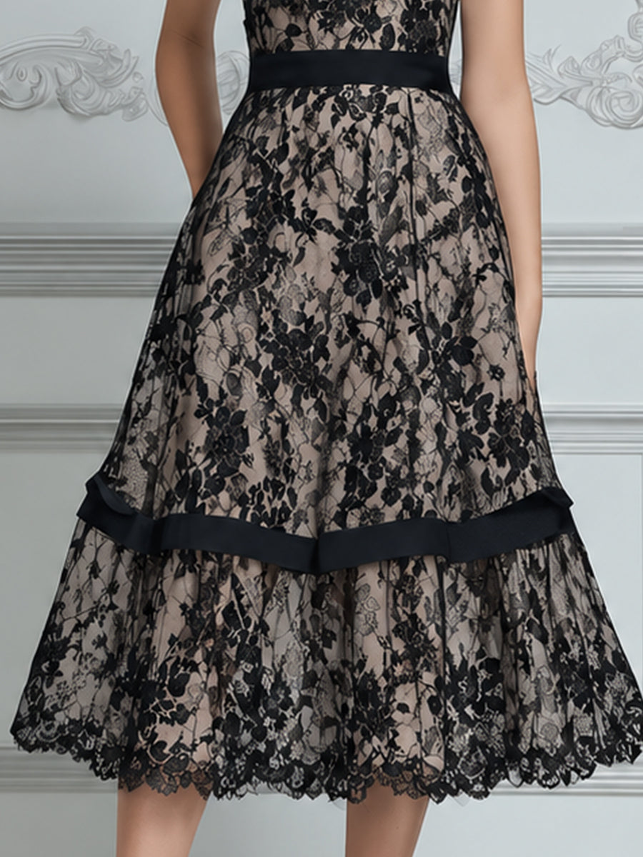 High Neck Lace Panel Tiered A-Line Midi Dress