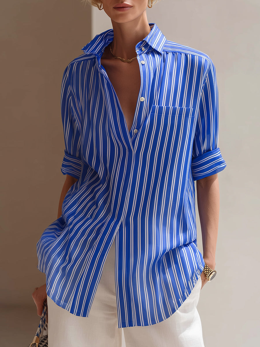 Minimalist Commuter-Style Striped Half-Sleeve Shirt