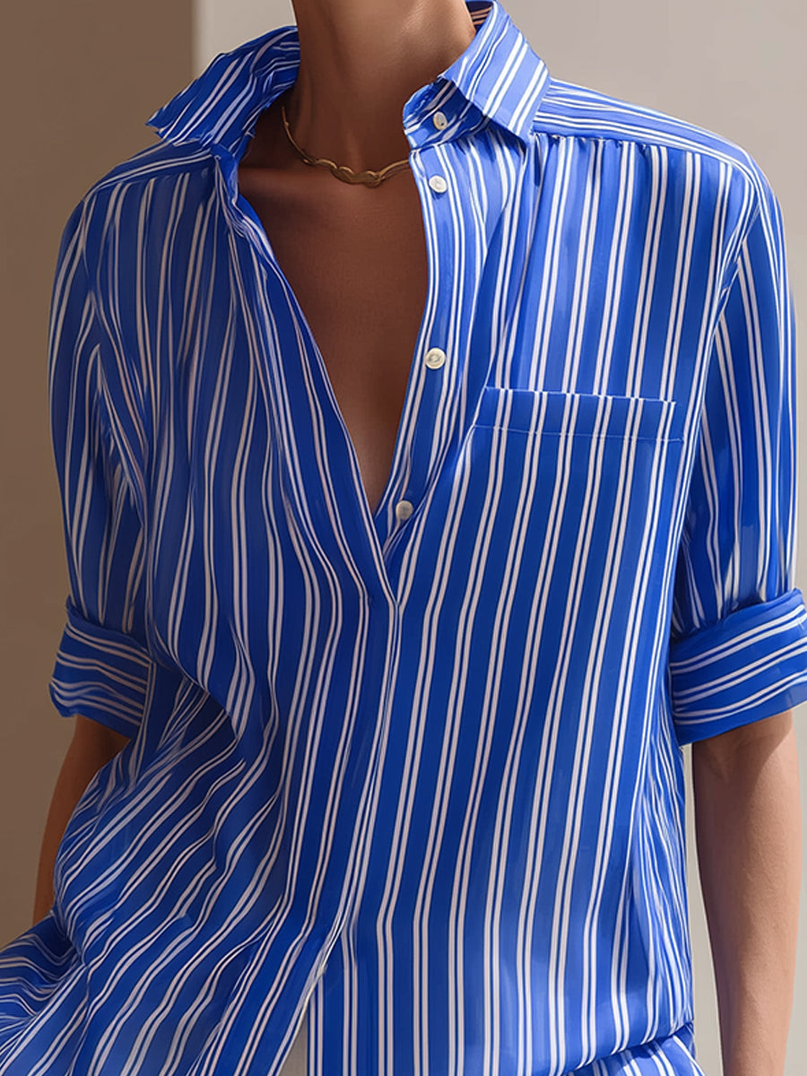Minimalist Commuter-Style Striped Half-Sleeve Shirt