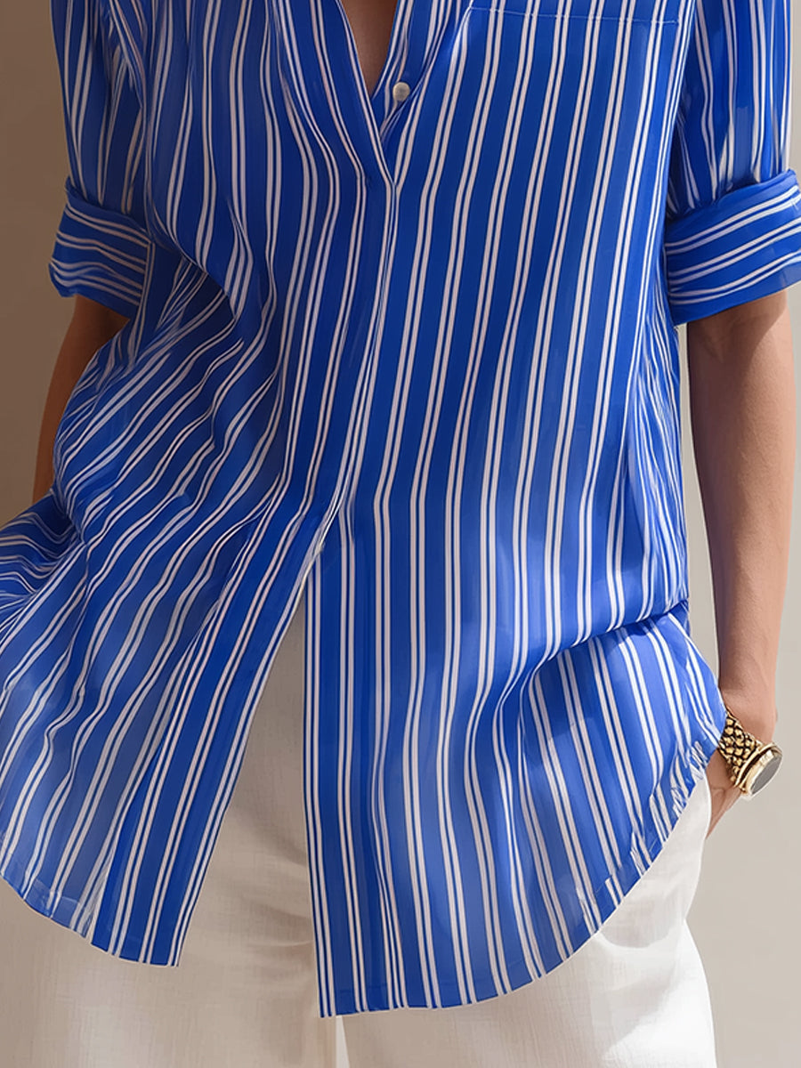 Minimalist Commuter-Style Striped Half-Sleeve Shirt