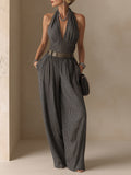 French-Style Effortless Houndstooth Halter-Neck Wide-Leg Jumpsuit