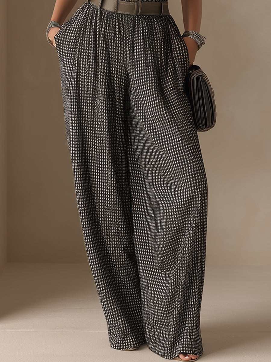 French-Style Effortless Houndstooth Halter-Neck Wide-Leg Jumpsuit