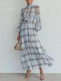 French-Style Plaid-Print Lantern Sleeves Chiffon Maxi Dress