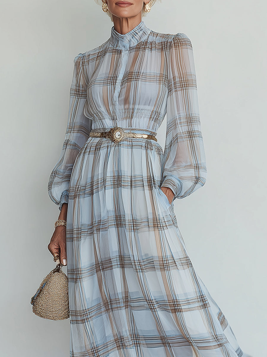 French-Style Plaid-Print Lantern Sleeves Chiffon Maxi Dress