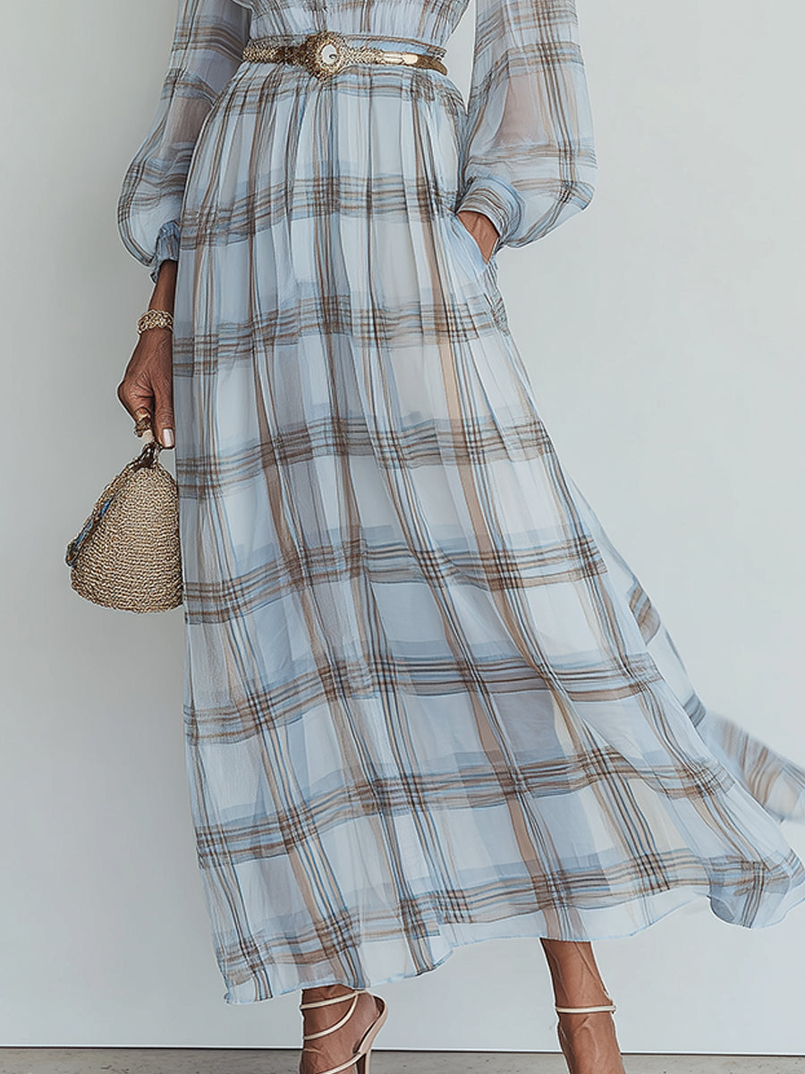 French-Style Plaid-Print Lantern Sleeves Chiffon Maxi Dress