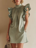 Women's Elegant Satin Mini Dress With Ruffled Sleeves