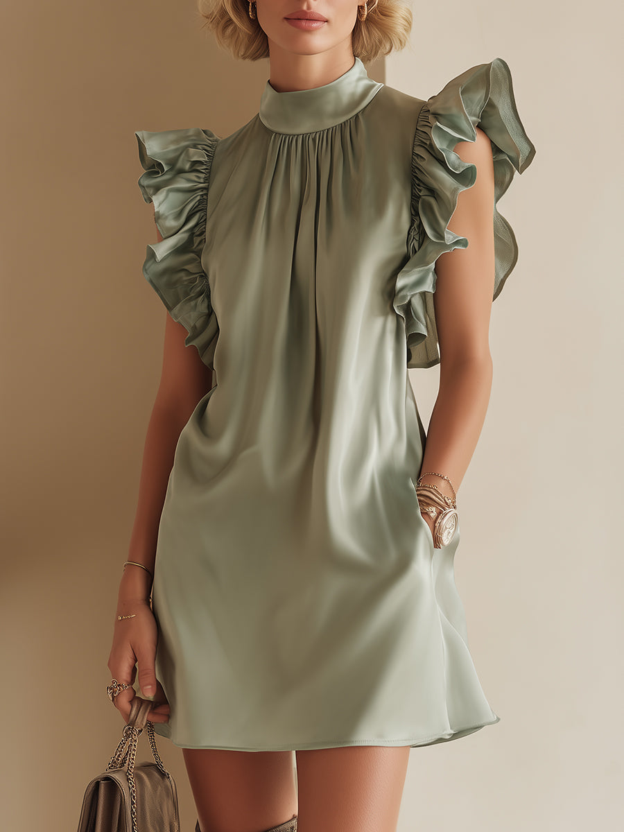 Women's Elegant Satin Mini Dress With Ruffled Sleeves