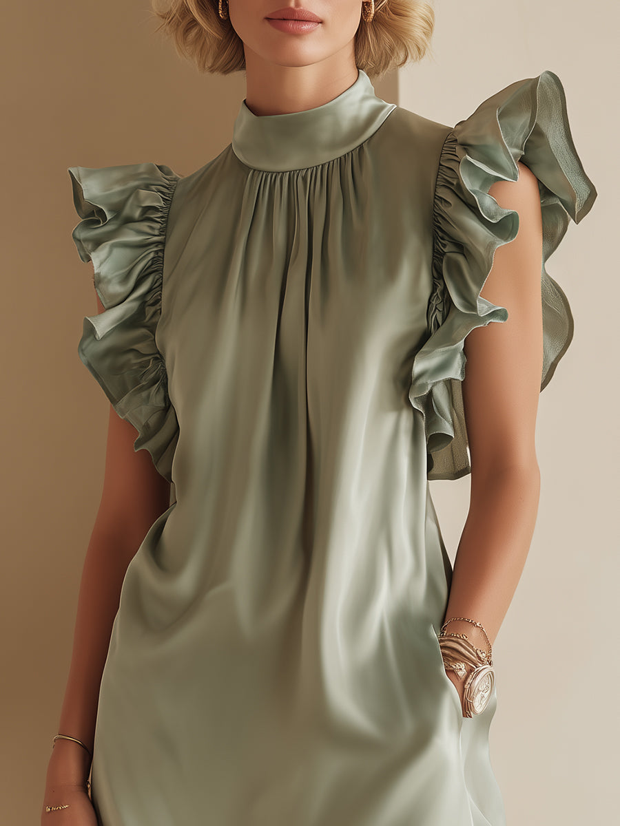 Women's Elegant Satin Mini Dress With Ruffled Sleeves