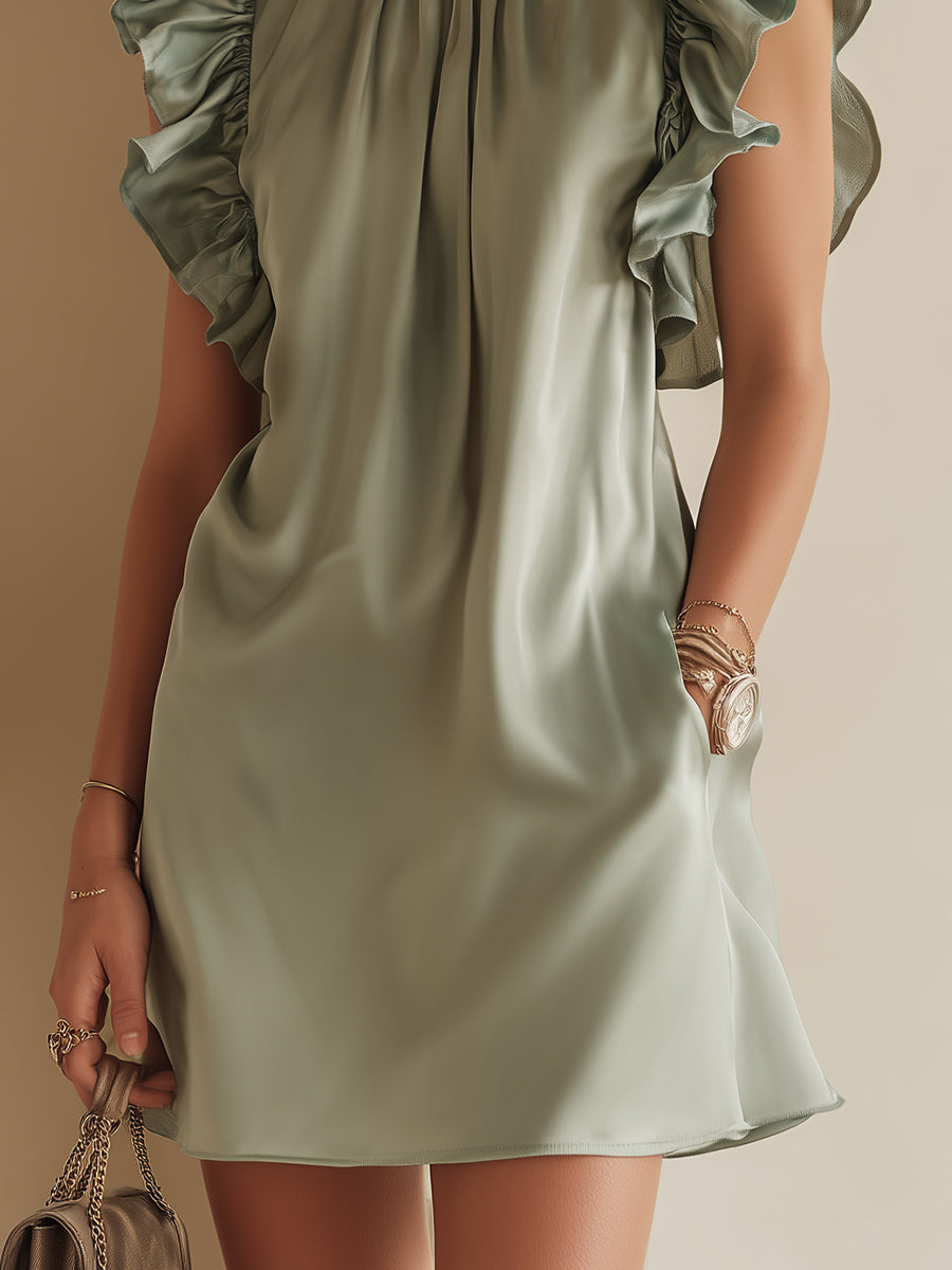 Women's Elegant Satin Mini Dress With Ruffled Sleeves