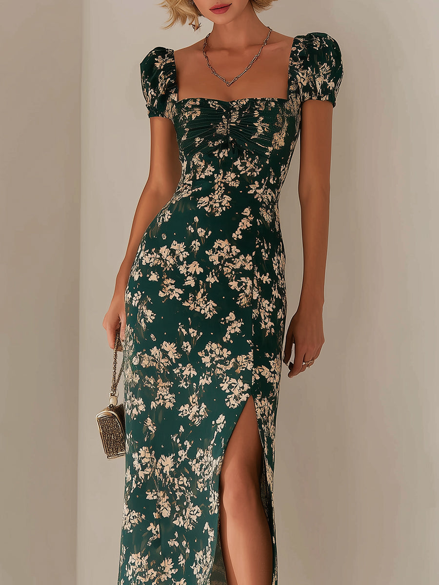 French Vintage Floral High-Slit Maxi Dress
