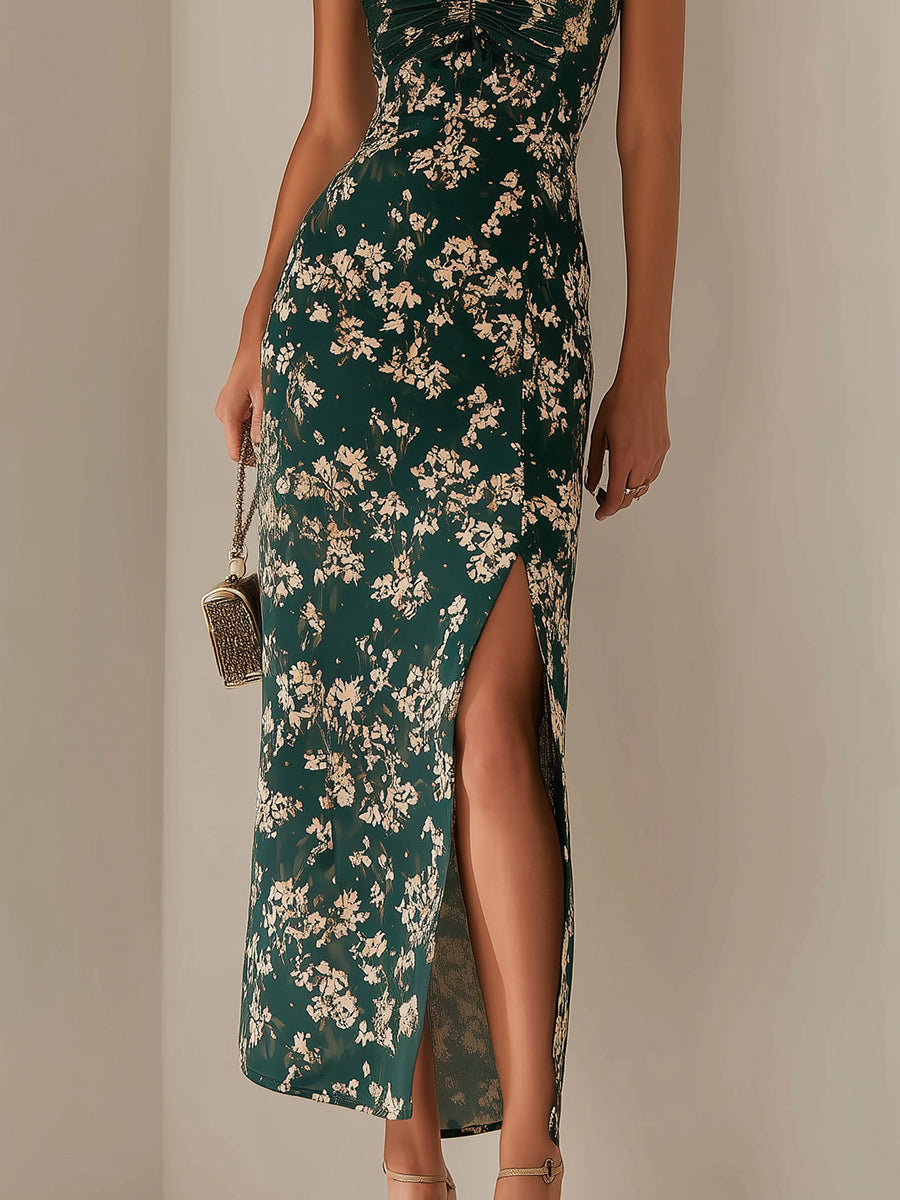 French Vintage Floral High-Slit Maxi Dress