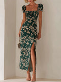 French Vintage Floral High-Slit Maxi Dress