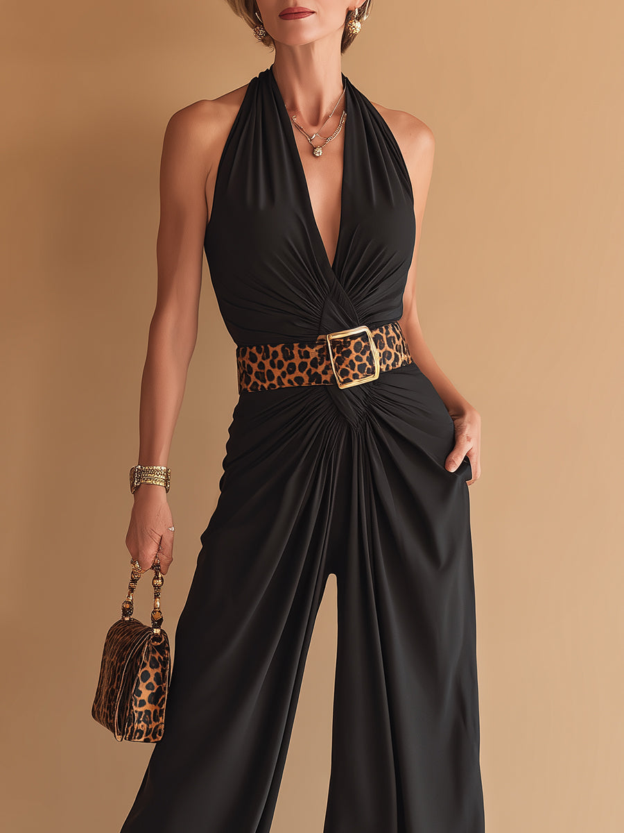 Elegant Halter-Neck Wide-Leg Jumpsuit With Belt
