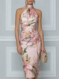 Halter Neck Floral Print Draped Waist Midi Dress