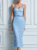 Square Neck Lace Bodycon Midi Dress With Waist Belt