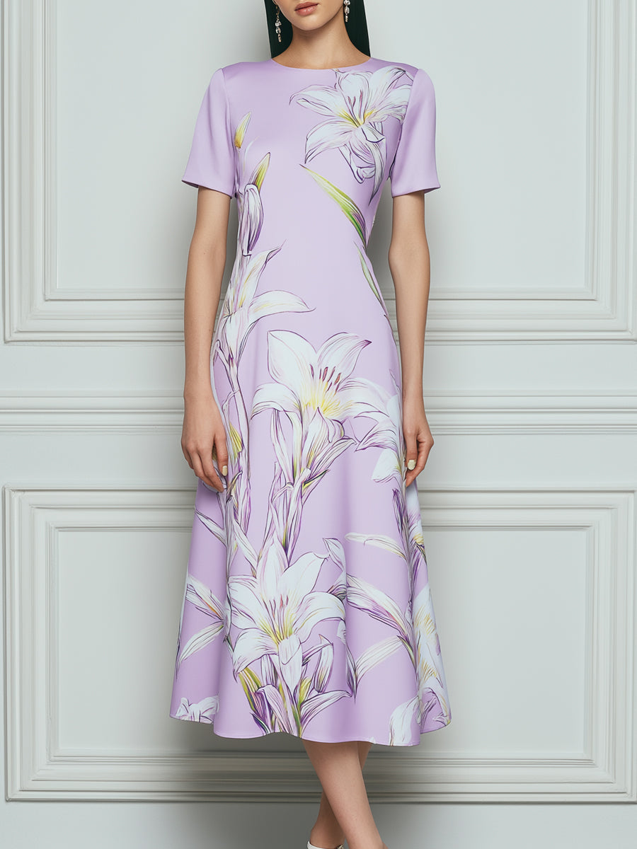 Lavender Lily Print Short Sleeve Satin Midi Dress