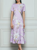 Lavender Lily Print Short Sleeve Satin Midi Dress