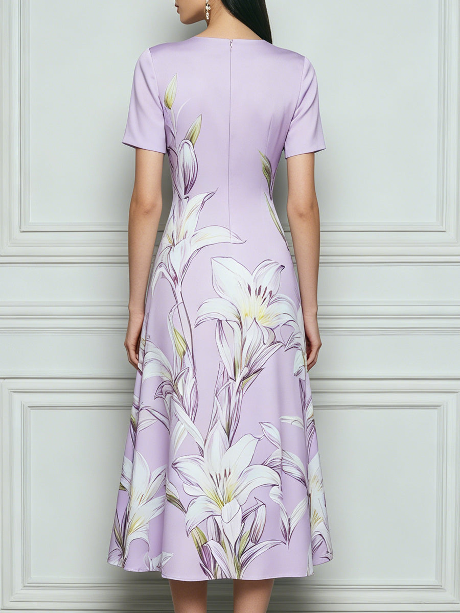 Lavender Lily Print Short Sleeve Satin Midi Dress