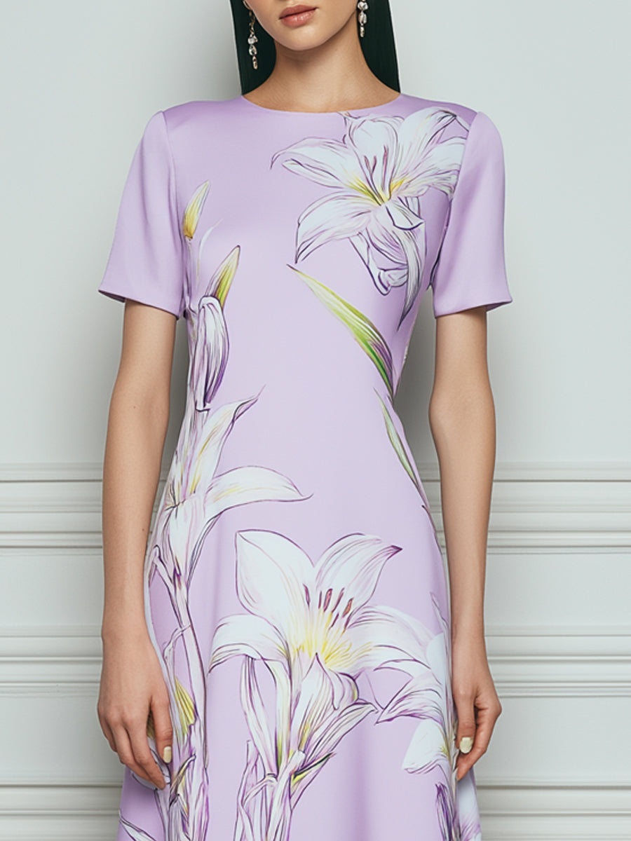 Lavender Lily Print Short Sleeve Satin Midi Dress