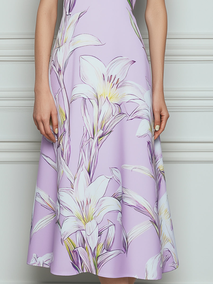 Lavender Lily Print Short Sleeve Satin Midi Dress