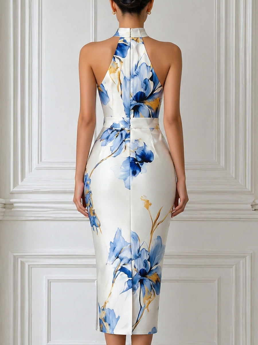 Floral Print Halter Neck Sheath Midi Dress