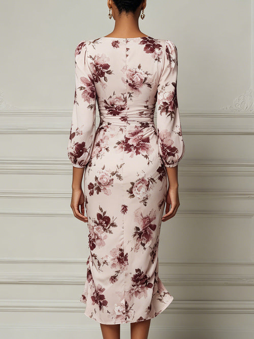Blush Floral Print Ruched Midi Dress