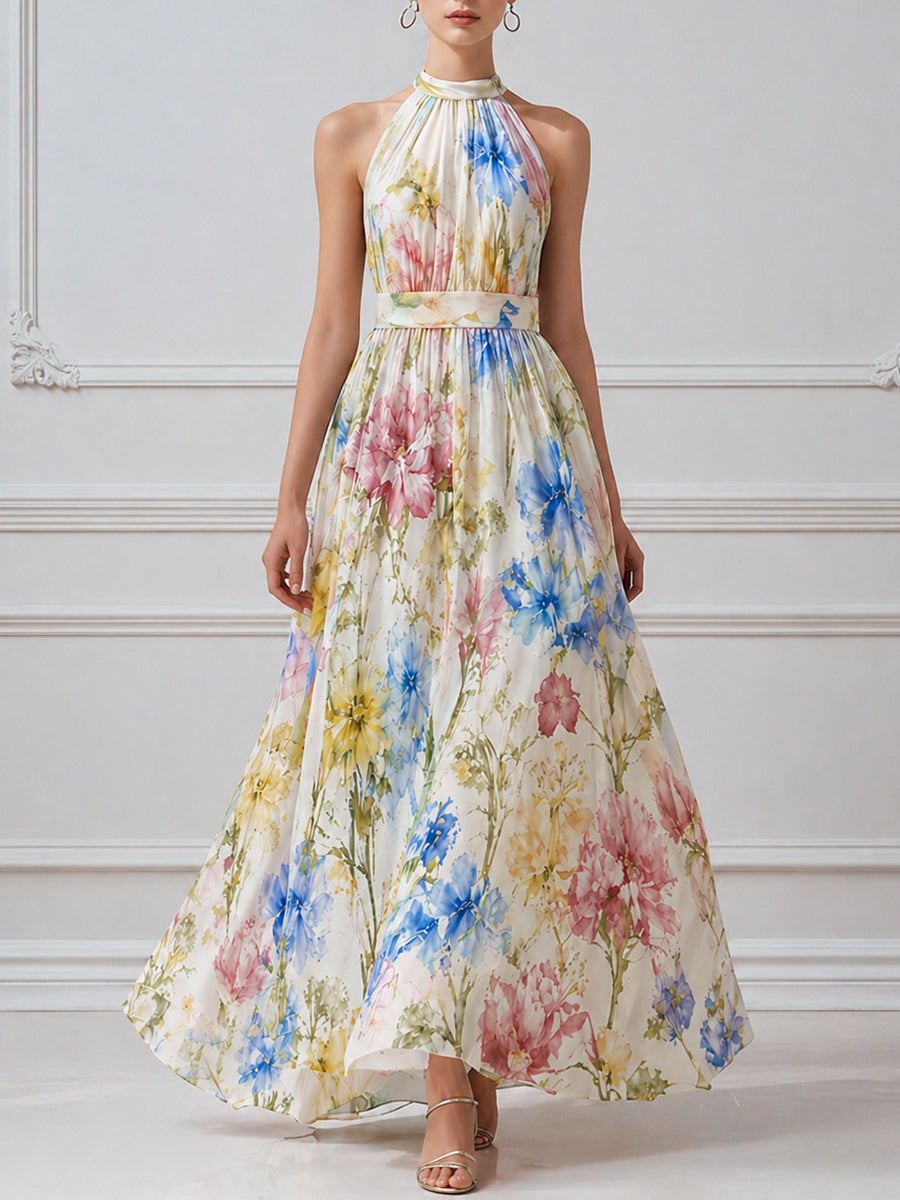 Halter Neck Floral Print Flowing A-Line Maxi Dress