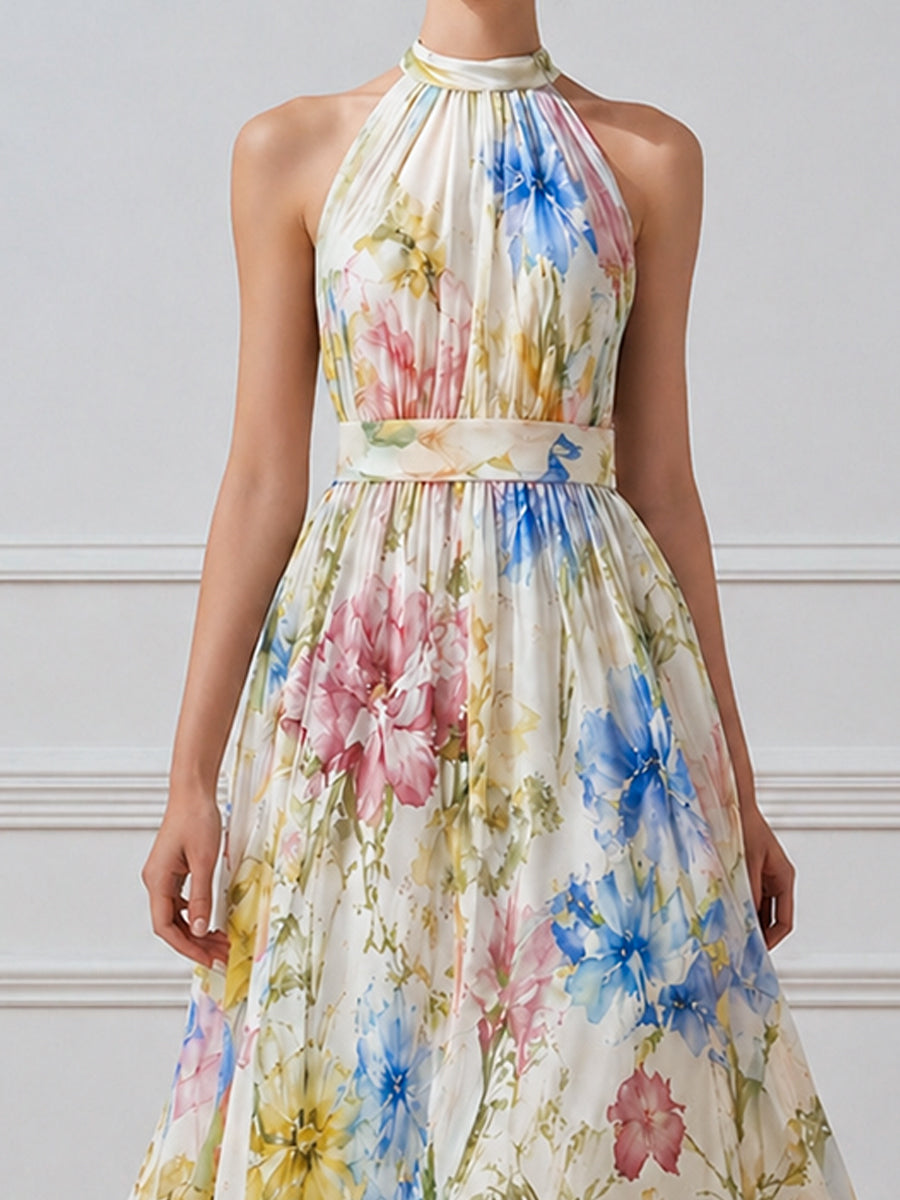 Halter Neck Floral Print Flowing A-Line Maxi Dress