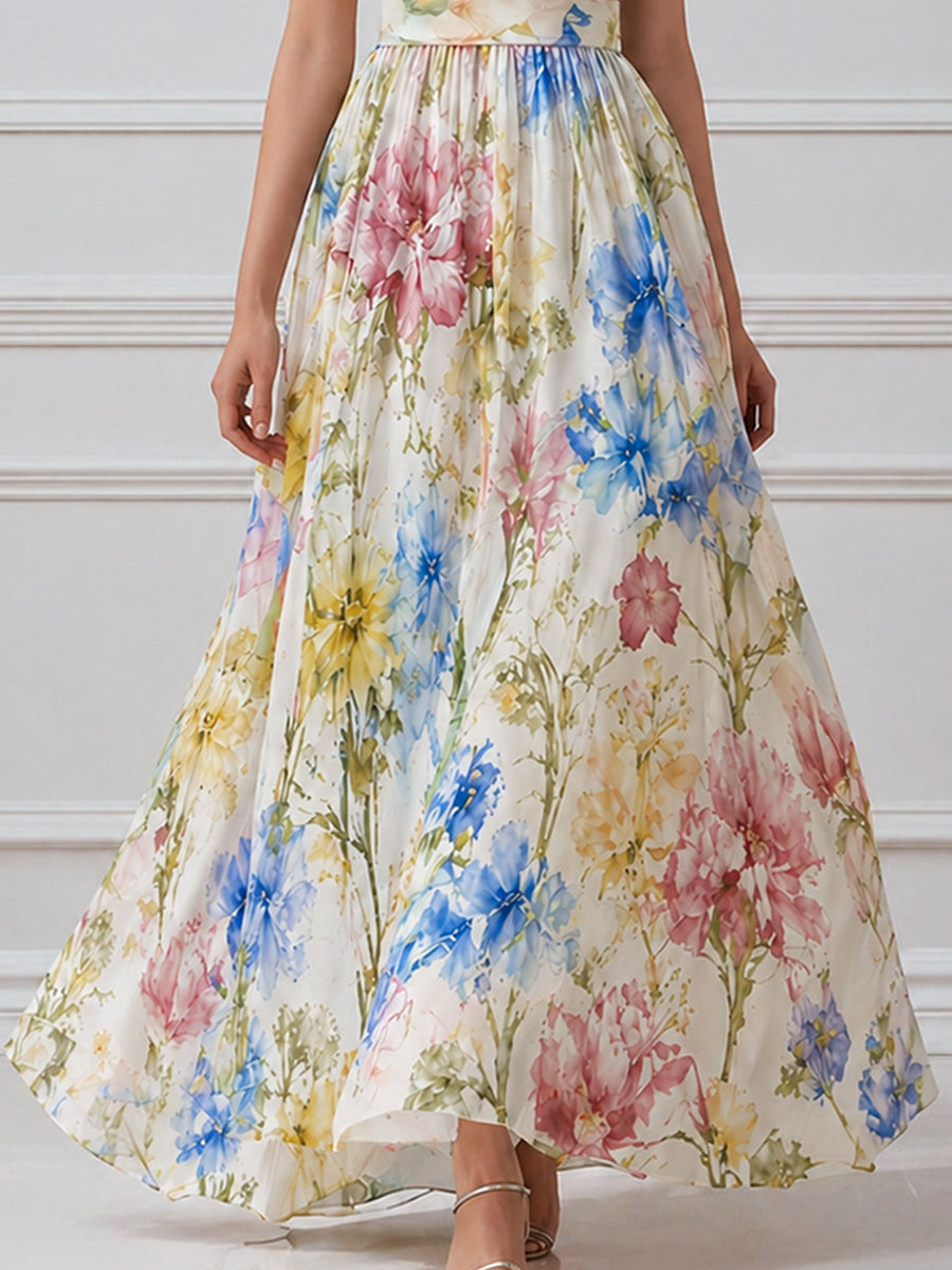 Halter Neck Floral Print Flowing A-Line Maxi Dress