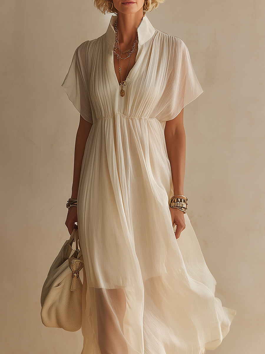 Luxurious Stand-Collar Crinkled Chiffon Maxi Dress
