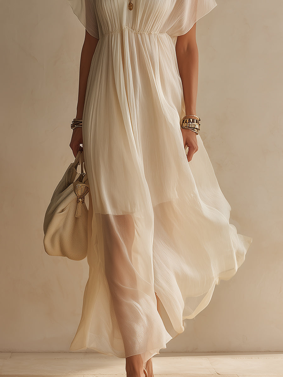 Luxurious Stand-Collar Crinkled Chiffon Maxi Dress