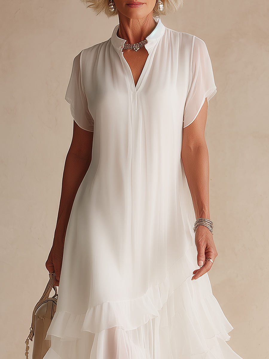 Elegant Chiffon Tiered Ruffle-Hem Midi Dress