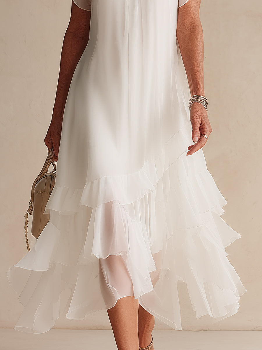 Elegant Chiffon Tiered Ruffle-Hem Midi Dress