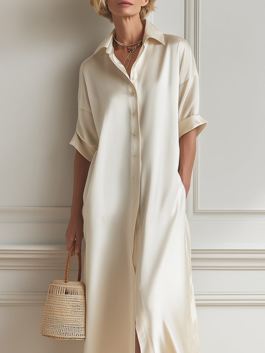 Quiet Luxury Single-Breasted Hem Slit Satin Maxi Dress
