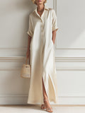 Quiet Luxury Single-Breasted Hem Slit Satin Maxi Dress