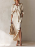 Commuter-Style Satin Striped Maxi Dress With Slit Hem