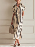 Elegant Striped Batwing-Sleeve Satin Midi Dress