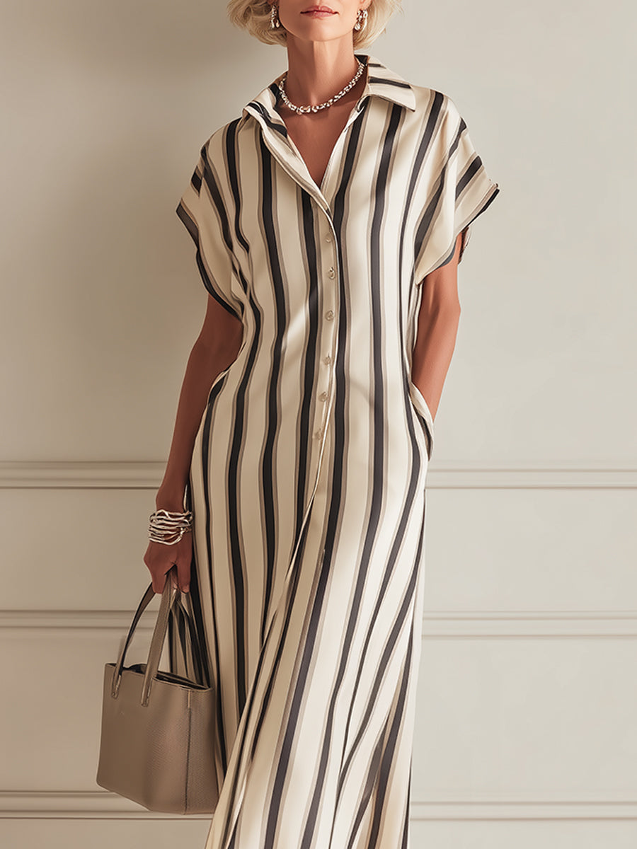 Elegant Striped Batwing-Sleeve Satin Midi Dress