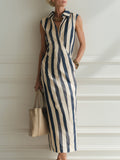 Commuter-Style Striped Midi Dress With Side Pockets