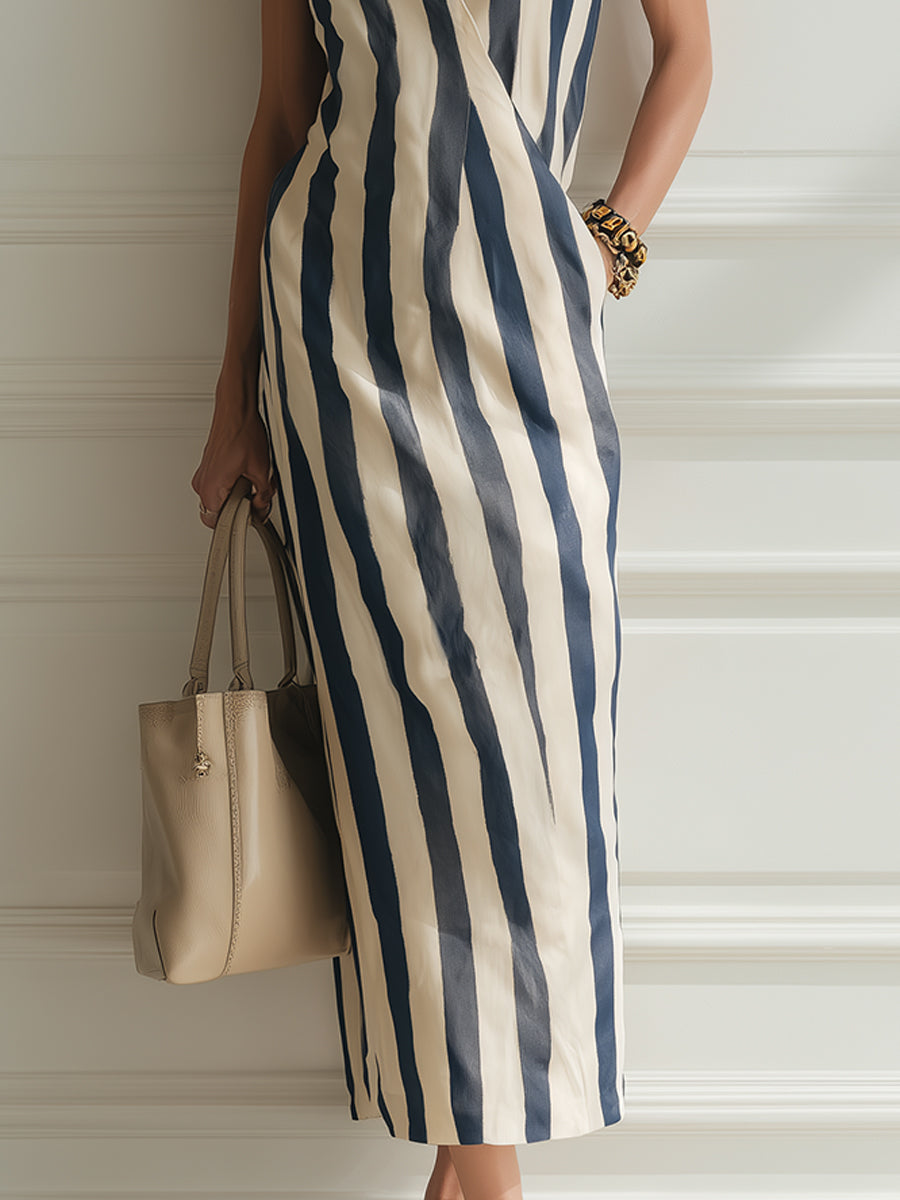 Commuter-Style Striped Midi Dress With Side Pockets