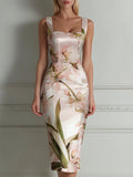 Square Neck Floral Print Fitted Sheath Midi Dress