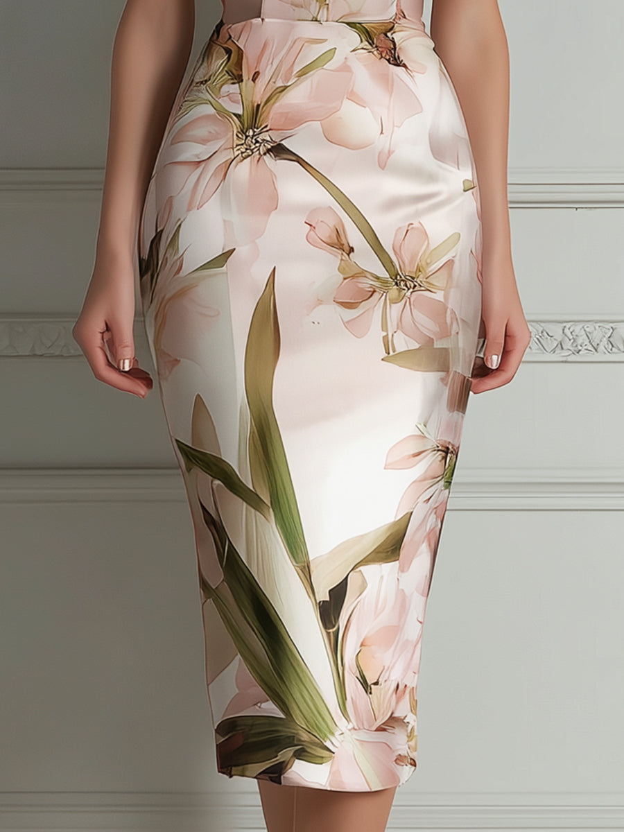 Square Neck Floral Print Fitted Sheath Midi Dress