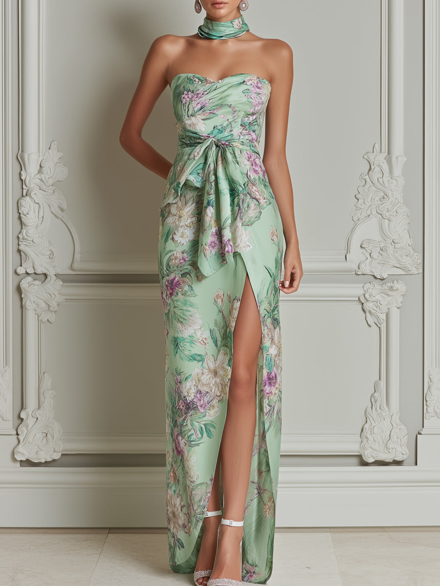 Sage Green Floral Print Strapless Satin Maxi Dress