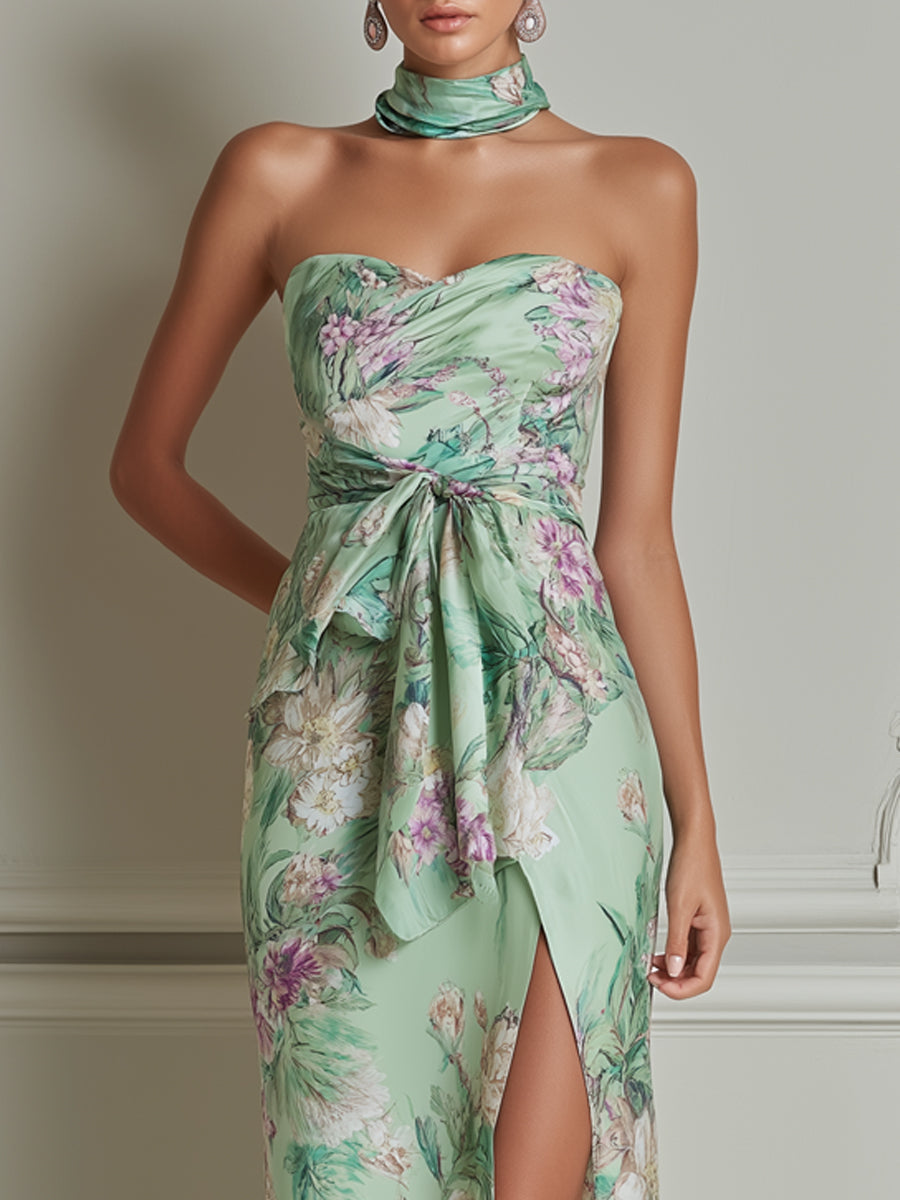 Sage Green Floral Print Strapless Satin Maxi Dress