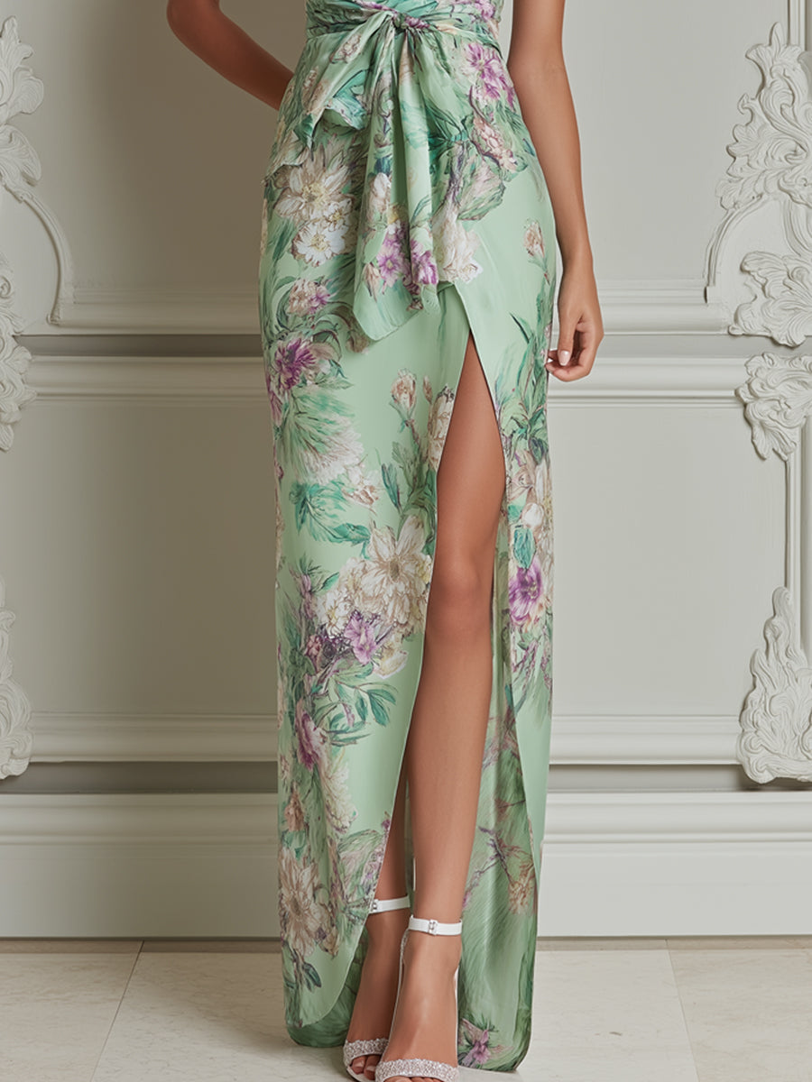 Sage Green Floral Print Strapless Satin Maxi Dress